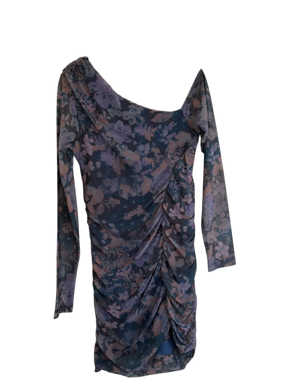 Free People One-Shoulder Ruched Floral Mini Dress Mesh in Navy and Lavender